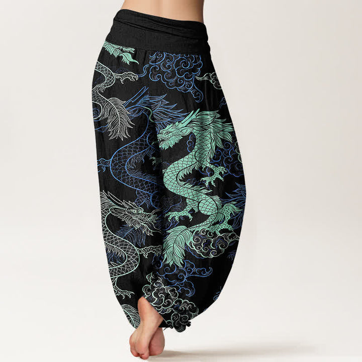 Buddha Stones Pantaloni harem da donna in cotone con fantasia drago azzurro e vita elasticizzata - image 1