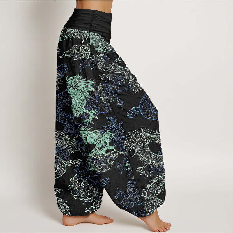Buddha Stones Pantaloni harem da donna in cotone con fantasia drago azzurro e vita elasticizzata - image 2