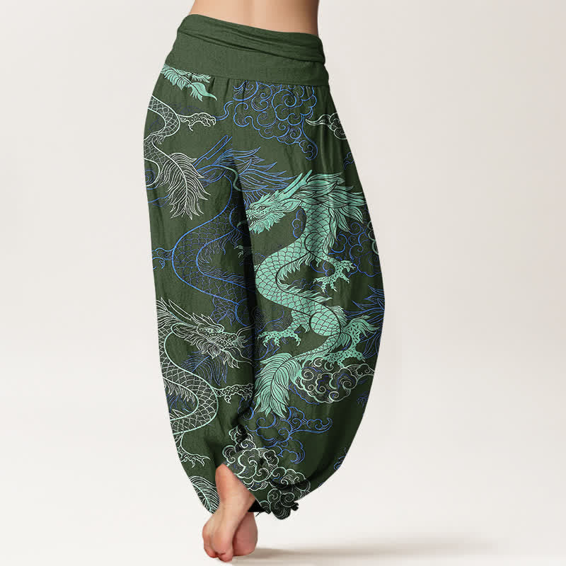 Buddha Stones Pantaloni harem da donna in cotone con fantasia drago azzurro e vita elasticizzata - image 6