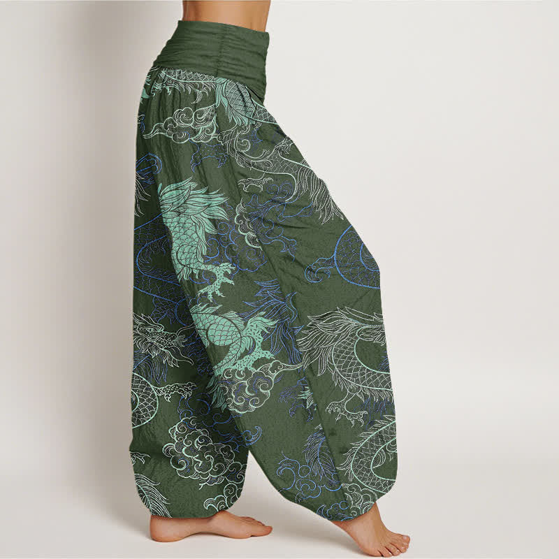 Buddha Stones Pantaloni harem da donna in cotone con fantasia drago azzurro e vita elasticizzata - image 7