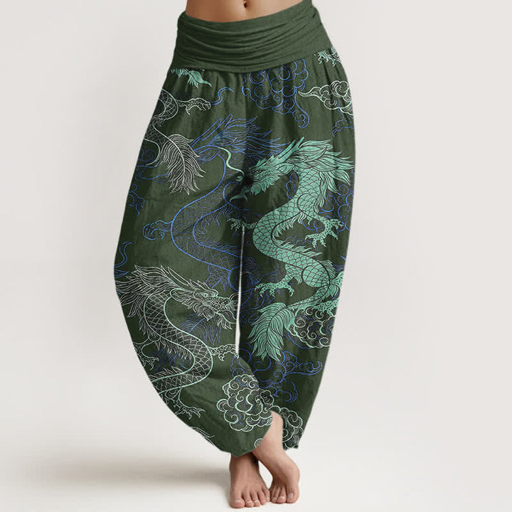 Buddha Stones Pantaloni harem da donna in cotone con fantasia drago azzurro e vita elasticizzata - Verde oliva scuro - US16, UK/AU20, EU48 (3XL) - image 5