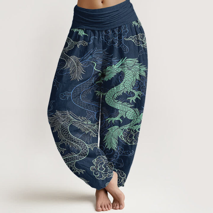 Buddha Stones Pantaloni harem da donna in cotone con fantasia drago azzurro e vita elasticizzata - Marina - US16, UK/AU20, EU48 (3XL) - image 8