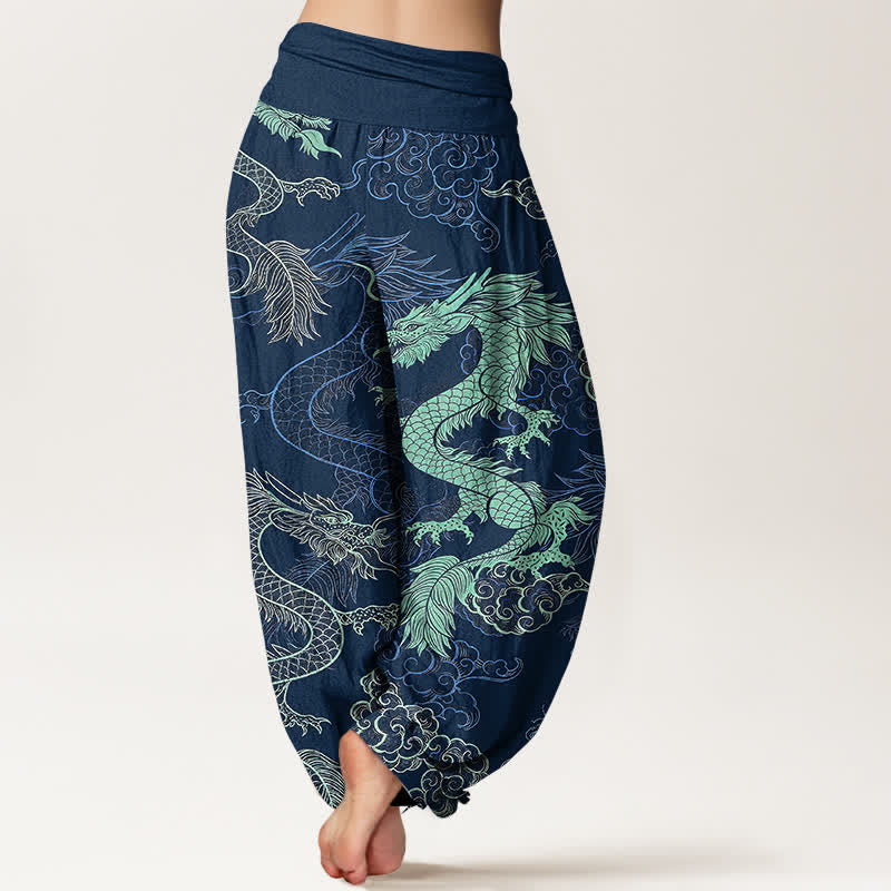 Buddha Stones Pantaloni harem da donna in cotone con fantasia drago azzurro e vita elasticizzata - image 9