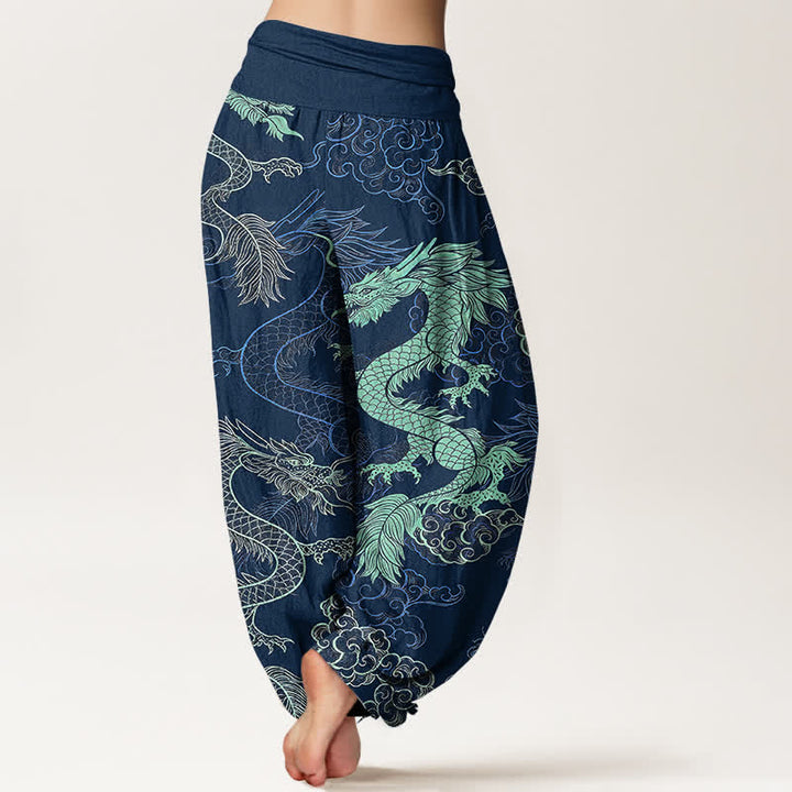 Buddha Stones Pantaloni harem da donna in cotone con fantasia drago azzurro e vita elasticizzata - image 9