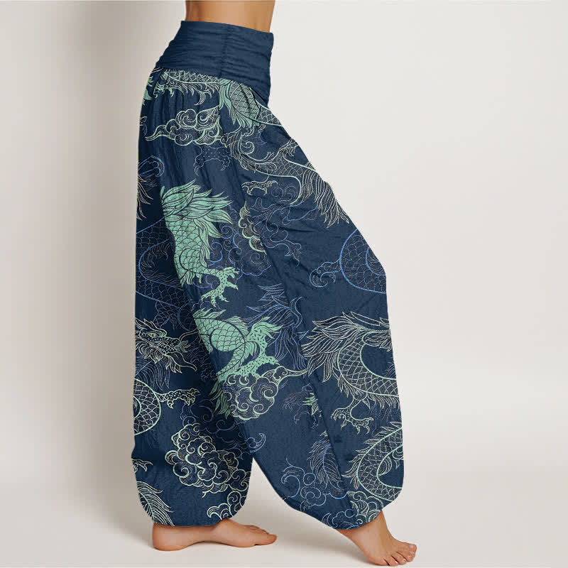 Buddha Stones Pantaloni harem da donna in cotone con fantasia drago azzurro e vita elasticizzata - image 10