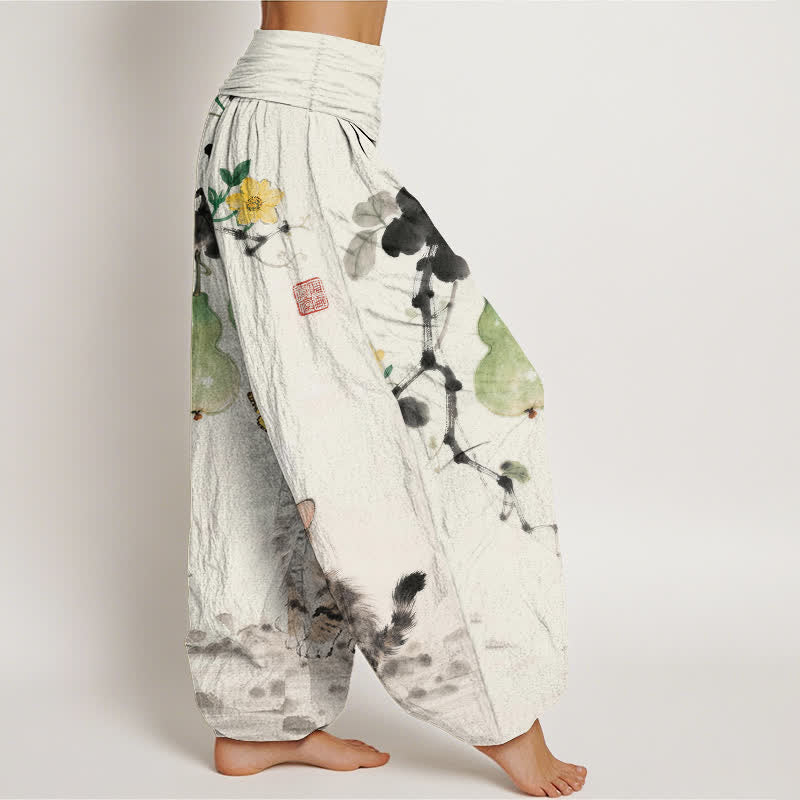 Buddha Stones Pantaloni harem da donna in cotone con stampa di gatti e zucche e vita elasticizzata. - image 2