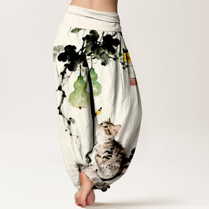 Buddha Stones Pantaloni harem da donna in cotone con stampa di gatti e zucche e vita elasticizzata. - image 1