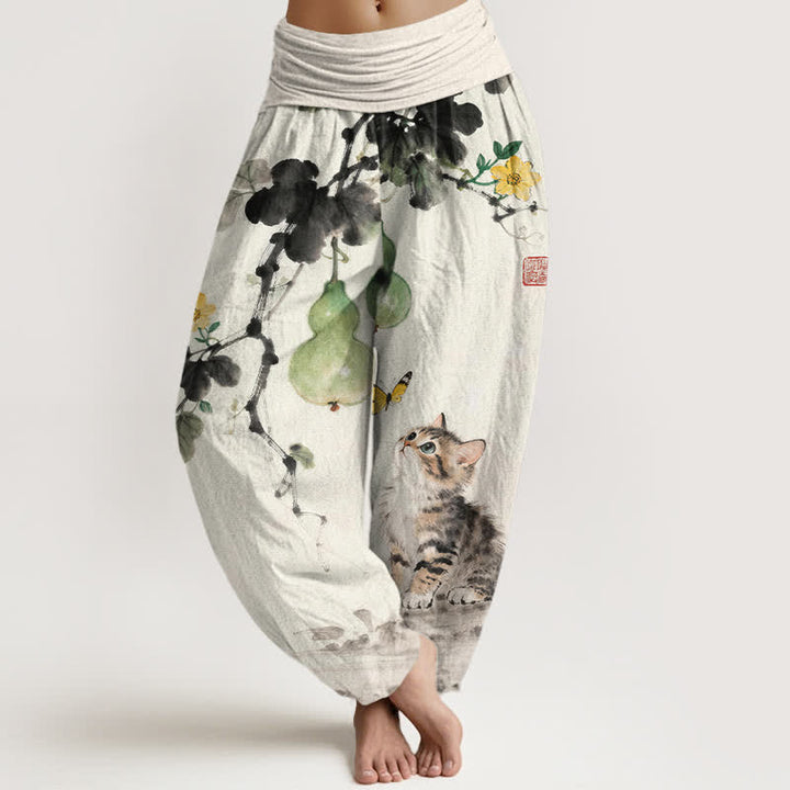 Buddha Stones Pantaloni harem da donna in cotone con stampa di gatti e zucche e vita elasticizzata. - Avorio - US16, UK/AU20, EU48 (3XL) - image 0