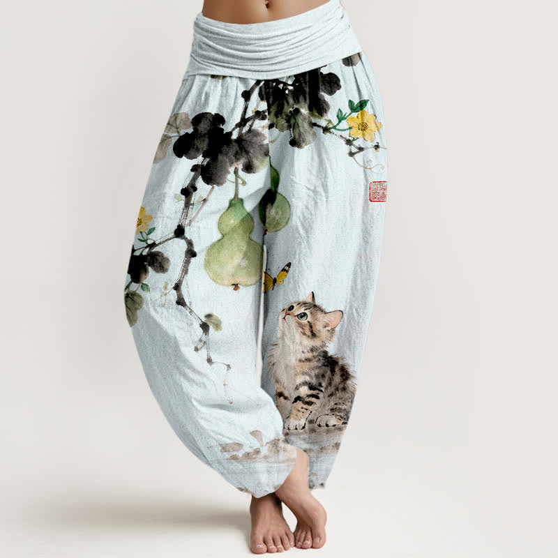 Buddha Stones Pantaloni harem da donna in cotone con stampa di gatti e zucche e vita elasticizzata. - Azzurro chiaro - US16, UK/AU20, EU48 (3XL) - image 5