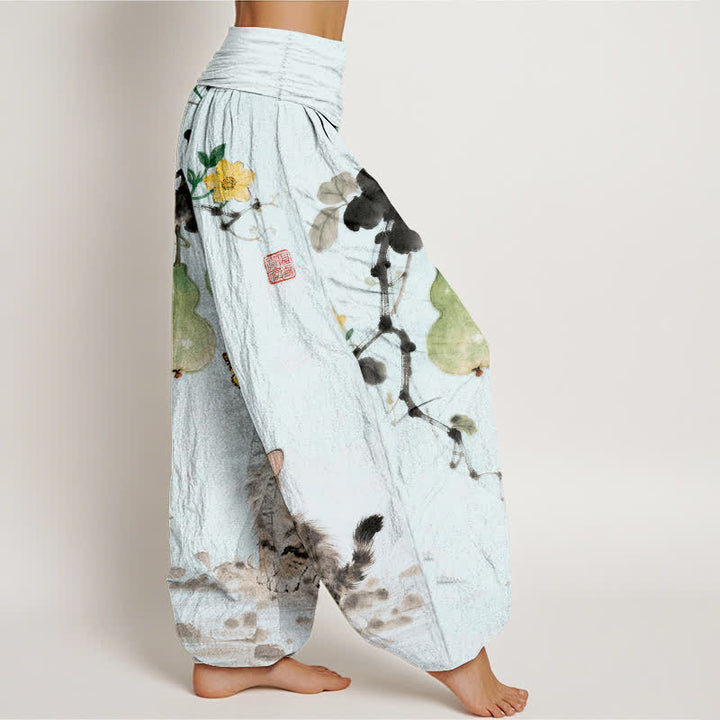 Buddha Stones Pantaloni harem da donna in cotone con stampa di gatti e zucche e vita elasticizzata. - image 7