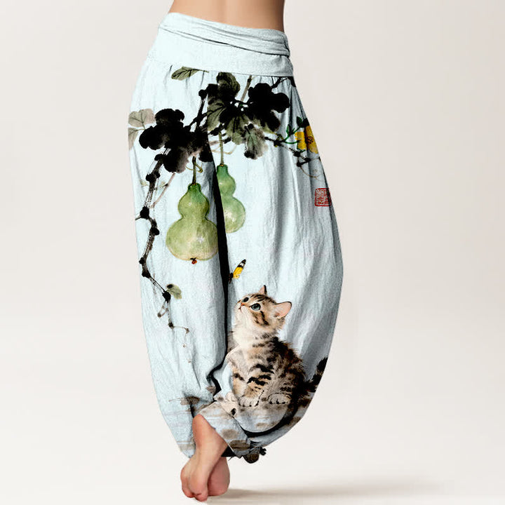 Buddha Stones Pantaloni harem da donna in cotone con stampa di gatti e zucche e vita elasticizzata. - image 6