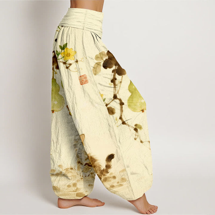 Buddha Stones Pantaloni harem da donna in cotone con stampa di gatti e zucche e vita elasticizzata. - image 10