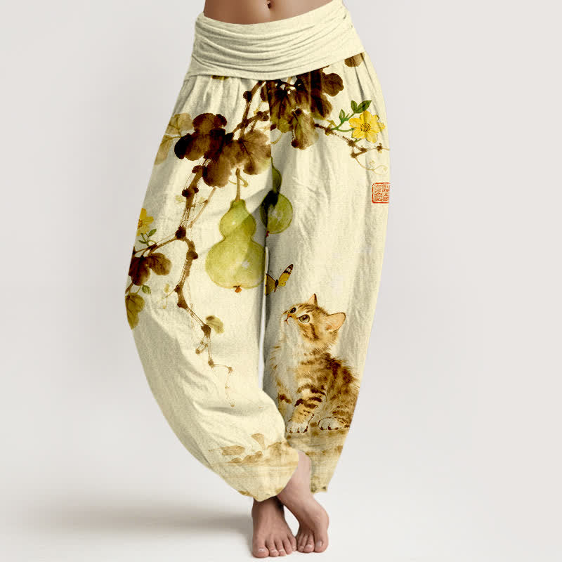 Buddha Stones Pantaloni harem da donna in cotone con stampa di gatti e zucche e vita elasticizzata. - Seta di mais - US16, UK/AU20, EU48 (3XL) - image 8