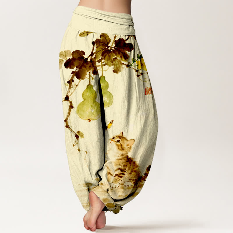 Buddha Stones Pantaloni harem da donna in cotone con stampa di gatti e zucche e vita elasticizzata. - image 9