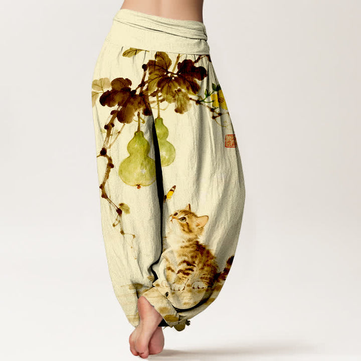 Buddha Stones Pantaloni harem da donna in cotone con stampa di gatti e zucche e vita elasticizzata. - image 9