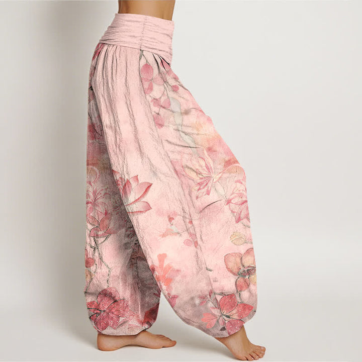 Buddha Stones Pantaloni harem da donna in cotone con motivo a fiori di loto e libellula, con elastico in vita. - image 2