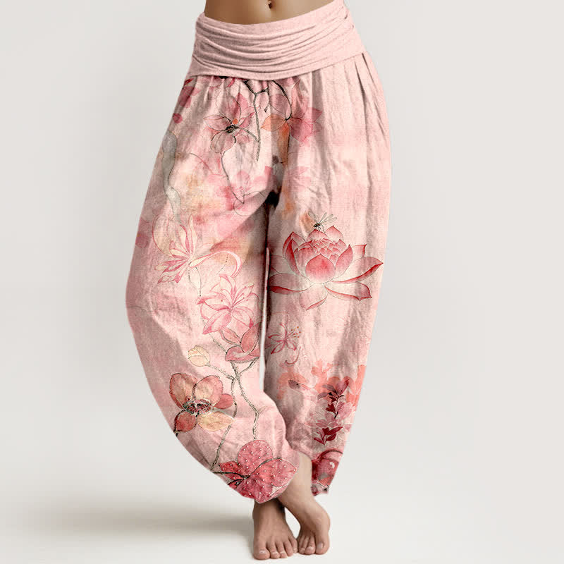Buddha Stones Pantaloni harem da donna in cotone con motivo a fiori di loto e libellula, con elastico in vita. - Rosa chiaro - US16, UK/AU20, EU48 (3XL) - image 0