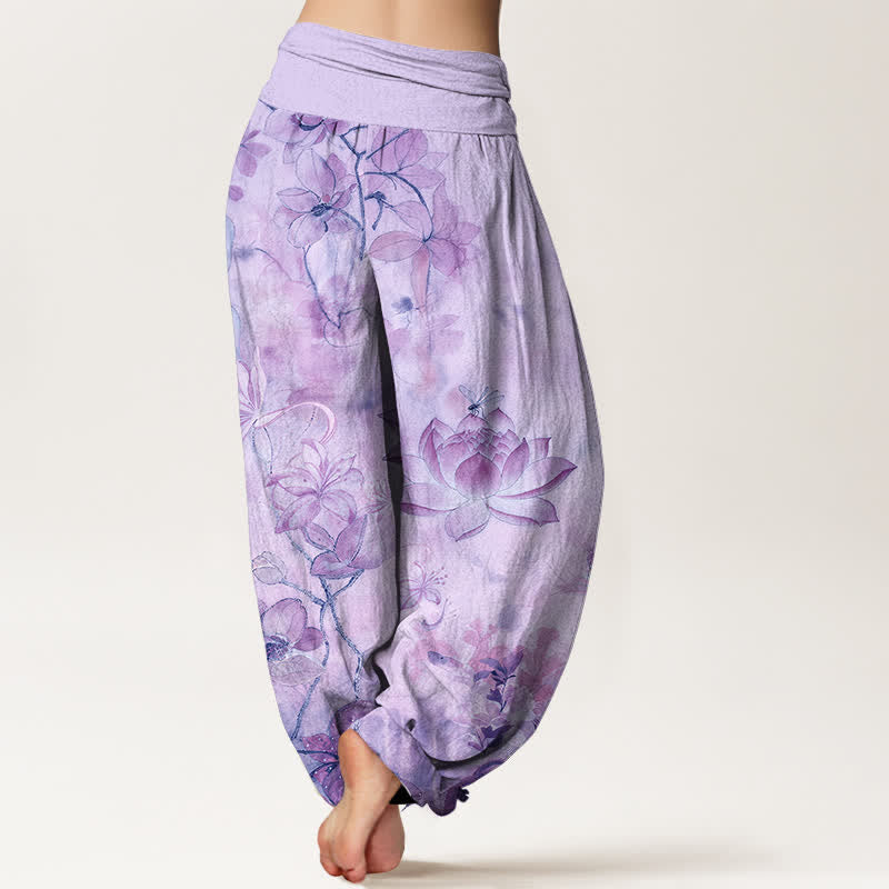 Buddha Stones Pantaloni harem da donna in cotone con motivo a fiori di loto e libellula, con elastico in vita. - image 6