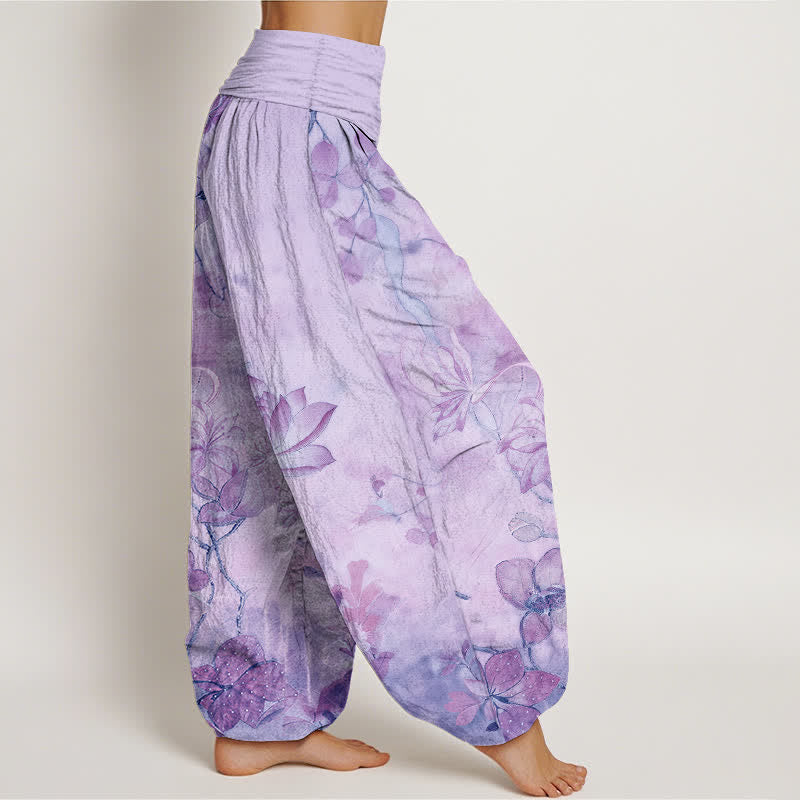 Buddha Stones Pantaloni harem da donna in cotone con motivo a fiori di loto e libellula, con elastico in vita. - image 7