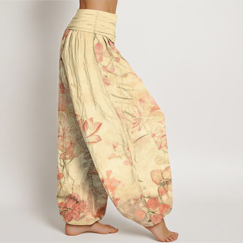 Buddha Stones Pantaloni harem da donna in cotone con motivo a fiori di loto e libellula, con elastico in vita. - image 10