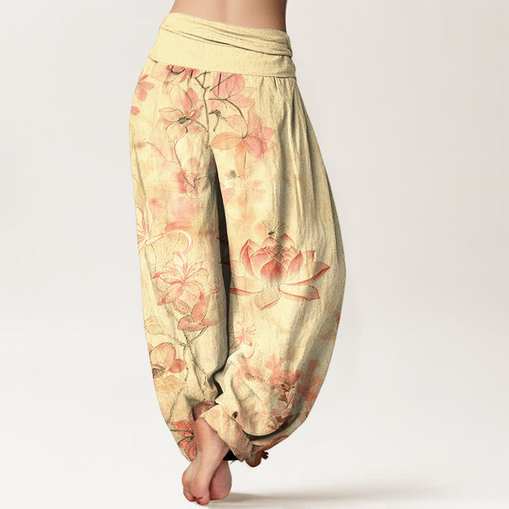 Buddha Stones Pantaloni harem da donna in cotone con motivo a fiori di loto e libellula, con elastico in vita. - image 9