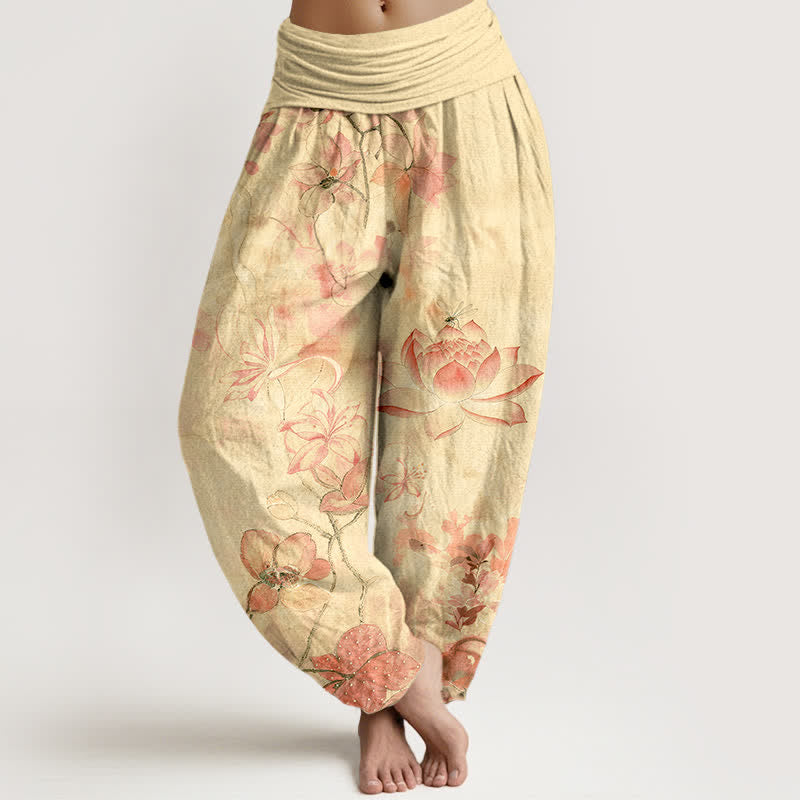 Buddha Stones Pantaloni harem da donna in cotone con motivo a fiori di loto e libellula, con elastico in vita. - LemonChiffon - US16, UK/AU20, EU48 (3XL) - image 8