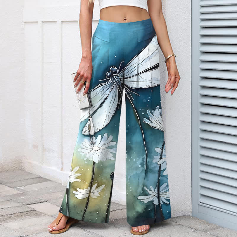 Buddha Stones Pantaloni da donna a gamba larga con elastico in vita e tasche, in cotone e lino, con stampa libellula e margherita. - image 1