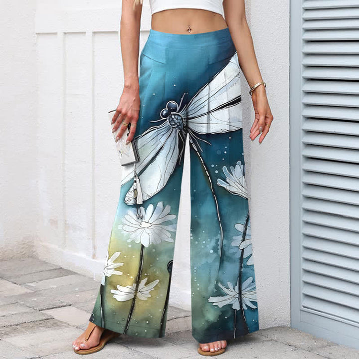 Buddha Stones Pantaloni da donna a gamba larga con elastico in vita e tasche, in cotone e lino, con stampa libellula e margherita. - image 1