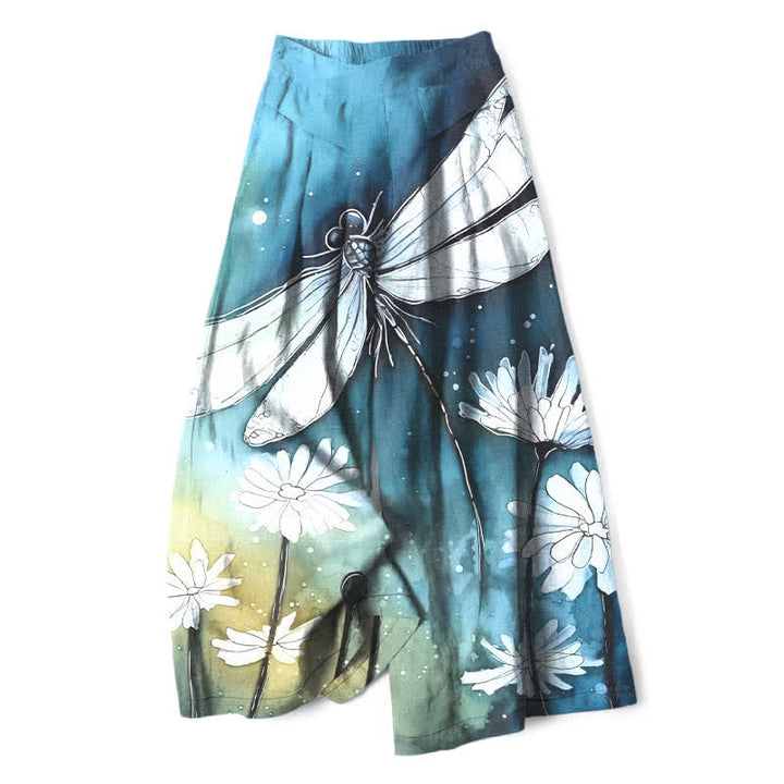 Buddha Stones Pantaloni da donna a gamba larga con elastico in vita e tasche, in cotone e lino, con stampa libellula e margherita. - Azzurro cielo chiaro - US16, UK/AU20, EU48 (3XL) - image 0