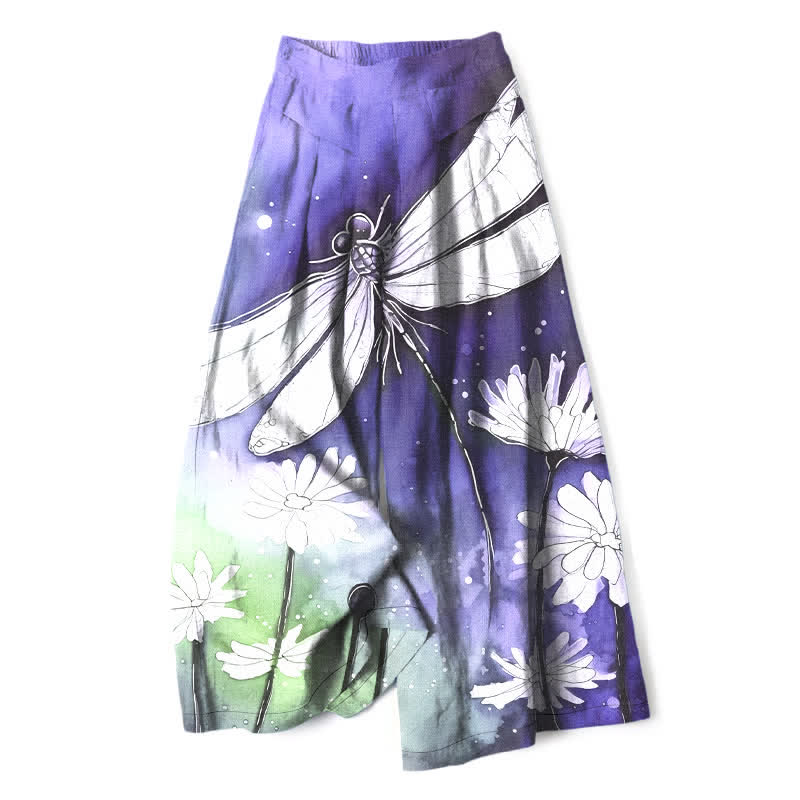 Buddha Stones Pantaloni da donna a gamba larga con elastico in vita e tasche, in cotone e lino, con stampa libellula e margherita. - Viola medio - US16, UK/AU20, EU48 (3XL) - image 4
