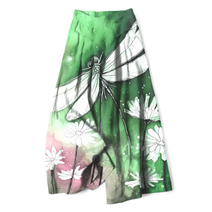 Buddha Stones Pantaloni da donna a gamba larga con elastico in vita e tasche, in cotone e lino, con stampa libellula e margherita. - Verde medio del mare - US16, UK/AU20, EU48 (3XL) - image 6