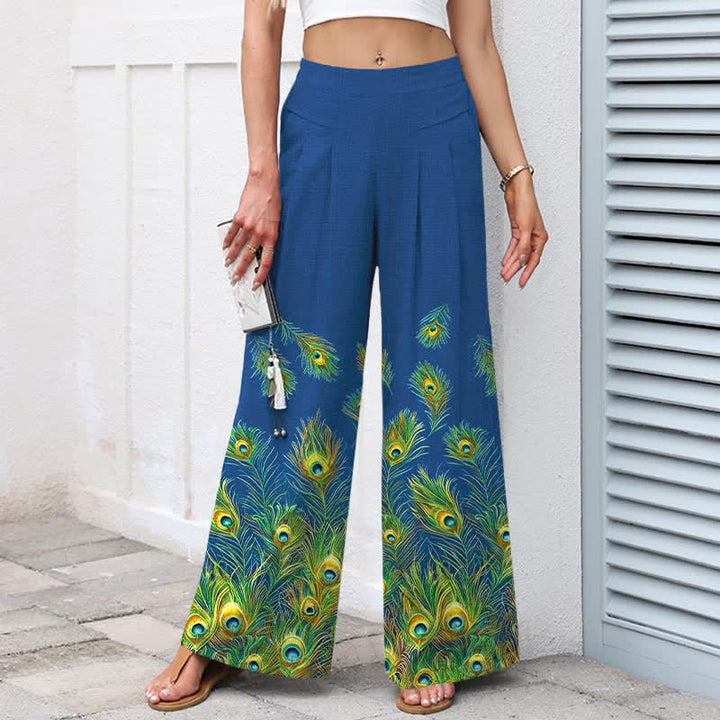 Buddha Stones Pantaloni da donna in cotone e lino con elastico in vita e gamba larga, fantasia a piume di pavone, con tasche. - image 1