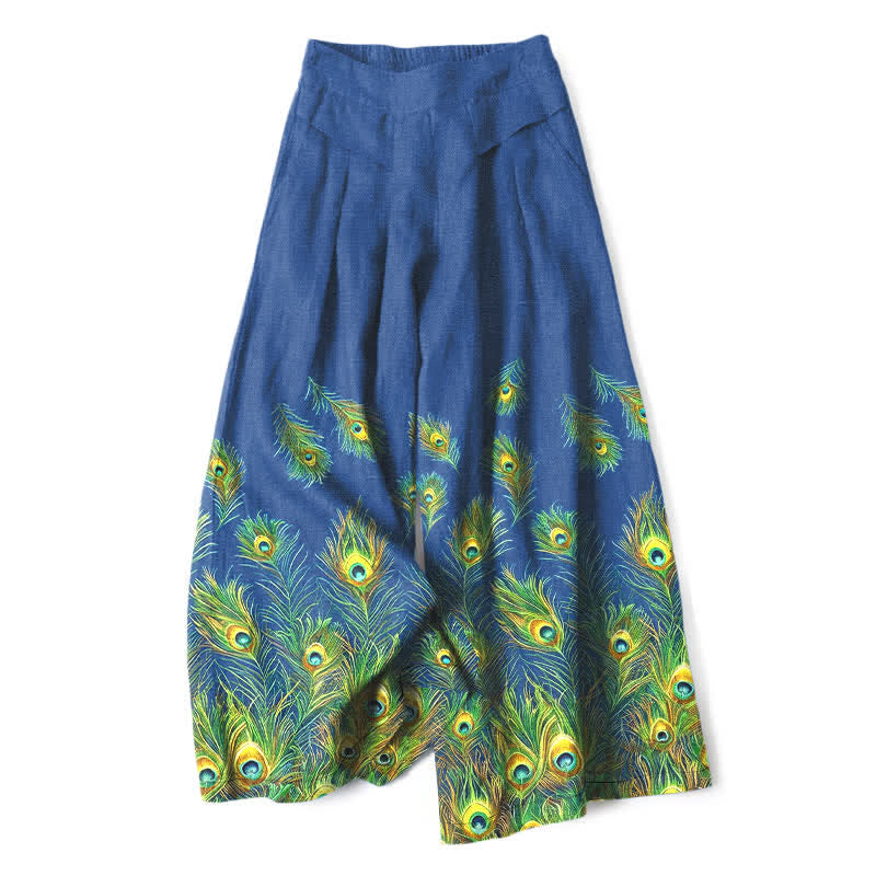 Buddha Stones Pantaloni da donna in cotone e lino con elastico in vita e gamba larga, fantasia a piume di pavone, con tasche. - Blu reale - US16, UK/AU20, EU48 (3XL) - image 0