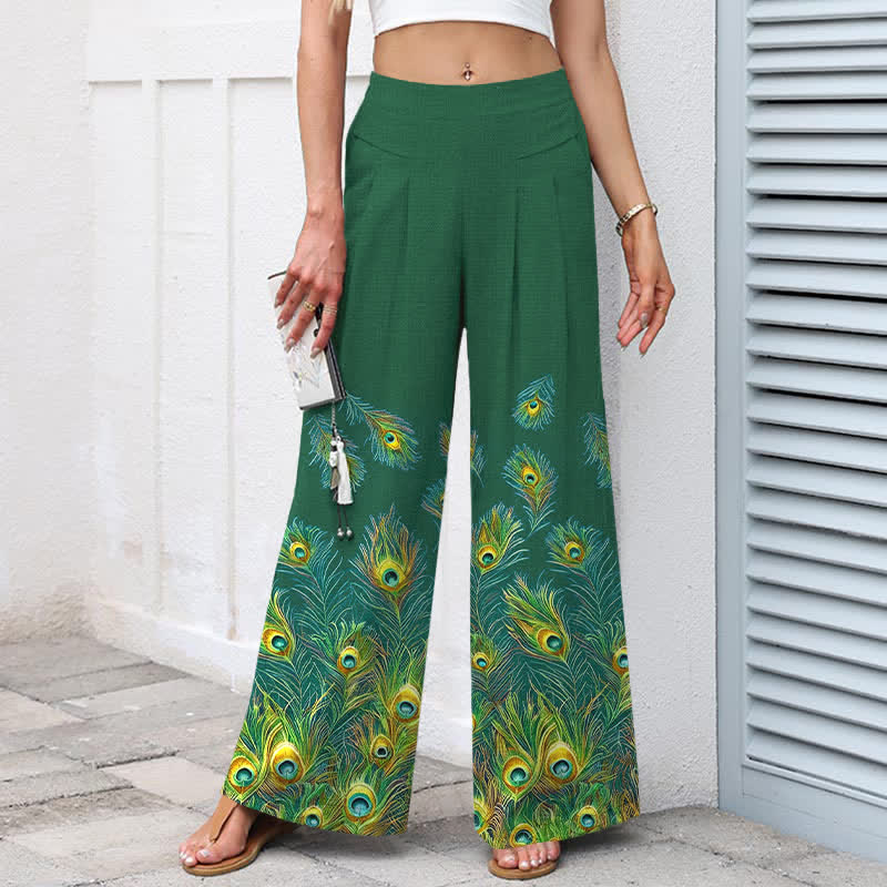 Buddha Stones Pantaloni da donna in cotone e lino con elastico in vita e gamba larga, fantasia a piume di pavone, con tasche. - image 5