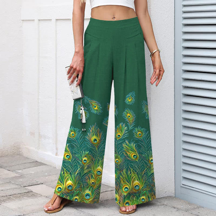 Buddha Stones Pantaloni da donna in cotone e lino con elastico in vita e gamba larga, fantasia a piume di pavone, con tasche. - image 5