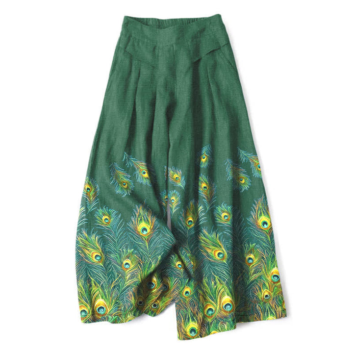 Buddha Stones Pantaloni da donna in cotone e lino con elastico in vita e gamba larga, fantasia a piume di pavone, con tasche. - Verde studentesco - US16, UK/AU20, EU48 (3XL) - image 4