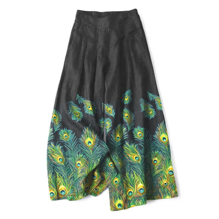Buddha Stones Pantaloni da donna in cotone e lino con elastico in vita e gamba larga, fantasia a piume di pavone, con tasche. - Nero - US16, UK/AU20, EU48 (3XL) - image 6