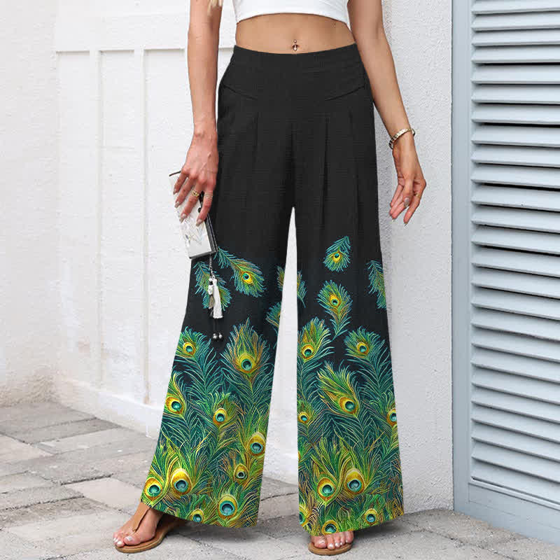 Buddha Stones Pantaloni da donna in cotone e lino con elastico in vita e gamba larga, fantasia a piume di pavone, con tasche. - image 7