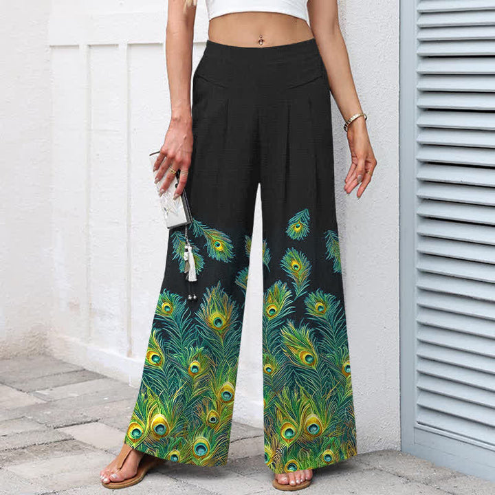 Buddha Stones Pantaloni da donna in cotone e lino con elastico in vita e gamba larga, fantasia a piume di pavone, con tasche. - image 7