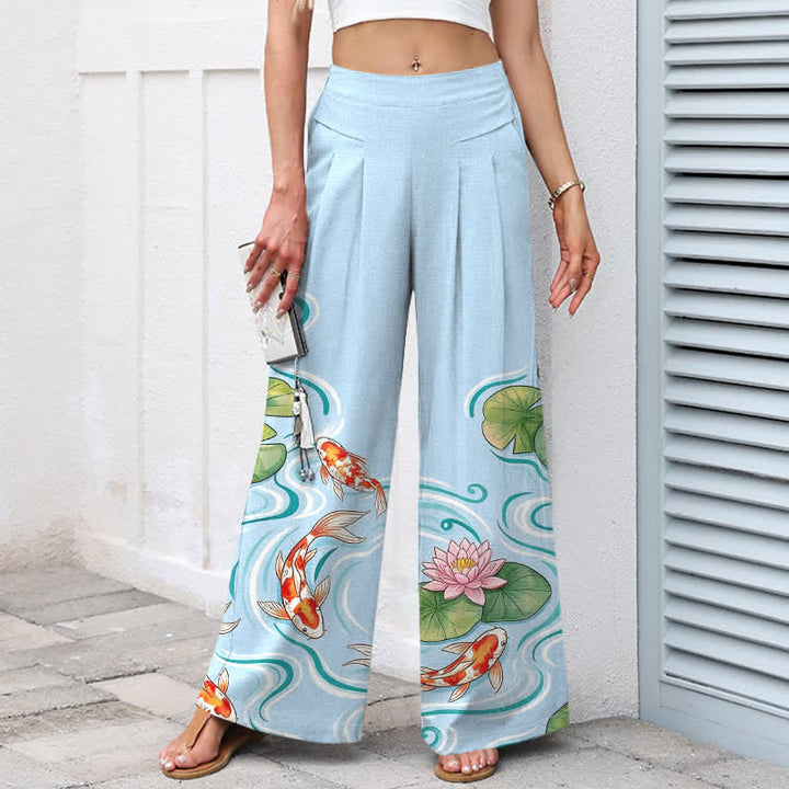 Buddha Stones Pantaloni da donna a gamba larga con elastico in vita e tasche, in cotone e lino, con stampa di pesci koi e laghetto di loto rosa. - image 1