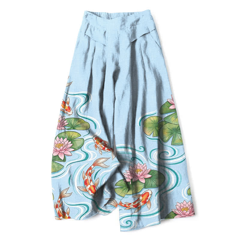 Buddha Stones Pantaloni da donna a gamba larga con elastico in vita e tasche, in cotone e lino, con stampa di pesci koi e laghetto di loto rosa. - Azzurro chiaro - US16, UK/AU20, EU48 (3XL) - image 0