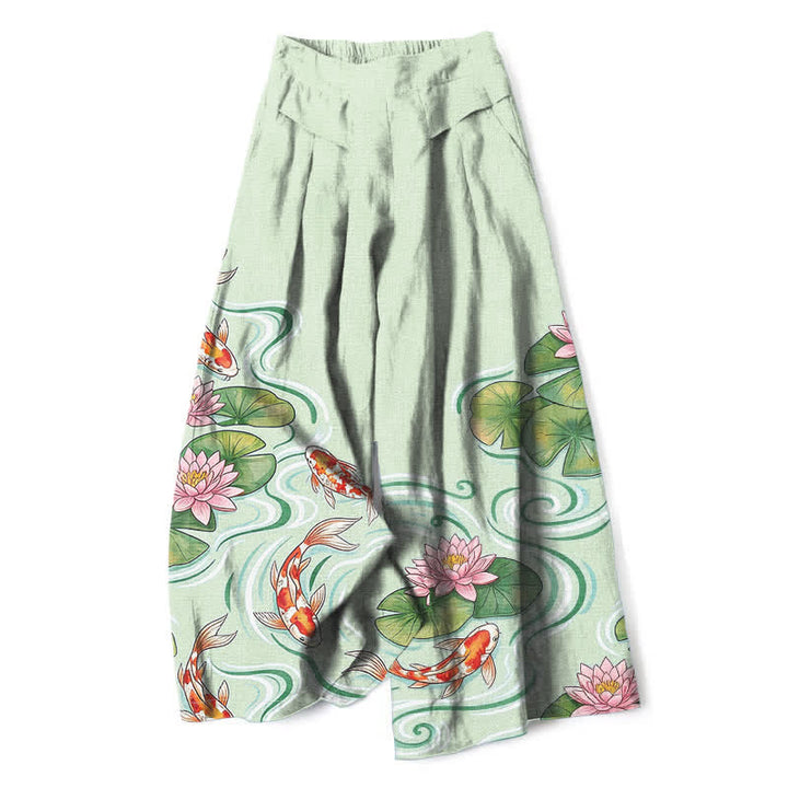 Buddha Stones Pantaloni da donna a gamba larga con elastico in vita e tasche, in cotone e lino, con stampa di pesci koi e laghetto di loto rosa. - Crema alla menta - US16, UK/AU20, EU48 (3XL) - image 4