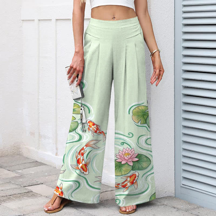 Buddha Stones Pantaloni da donna a gamba larga con elastico in vita e tasche, in cotone e lino, con stampa di pesci koi e laghetto di loto rosa. - image 5