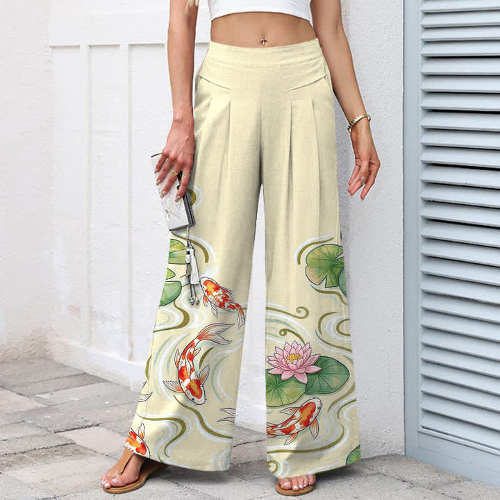 Buddha Stones Pantaloni da donna a gamba larga con elastico in vita e tasche, in cotone e lino, con stampa di pesci koi e laghetto di loto rosa. - image 7