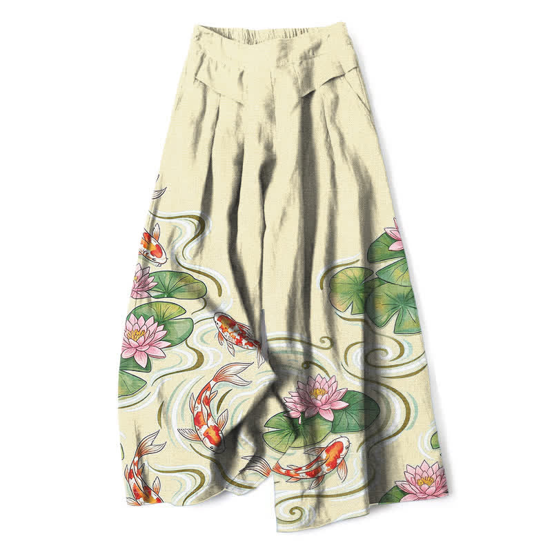 Buddha Stones Pantaloni da donna a gamba larga con elastico in vita e tasche, in cotone e lino, con stampa di pesci koi e laghetto di loto rosa. - Seta di mais - US16, UK/AU20, EU48 (3XL) - image 6