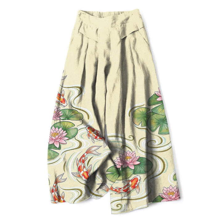 Buddha Stones Pantaloni da donna a gamba larga con elastico in vita e tasche, in cotone e lino, con stampa di pesci koi e laghetto di loto rosa. - Seta di mais - US16, UK/AU20, EU48 (3XL) - image 6