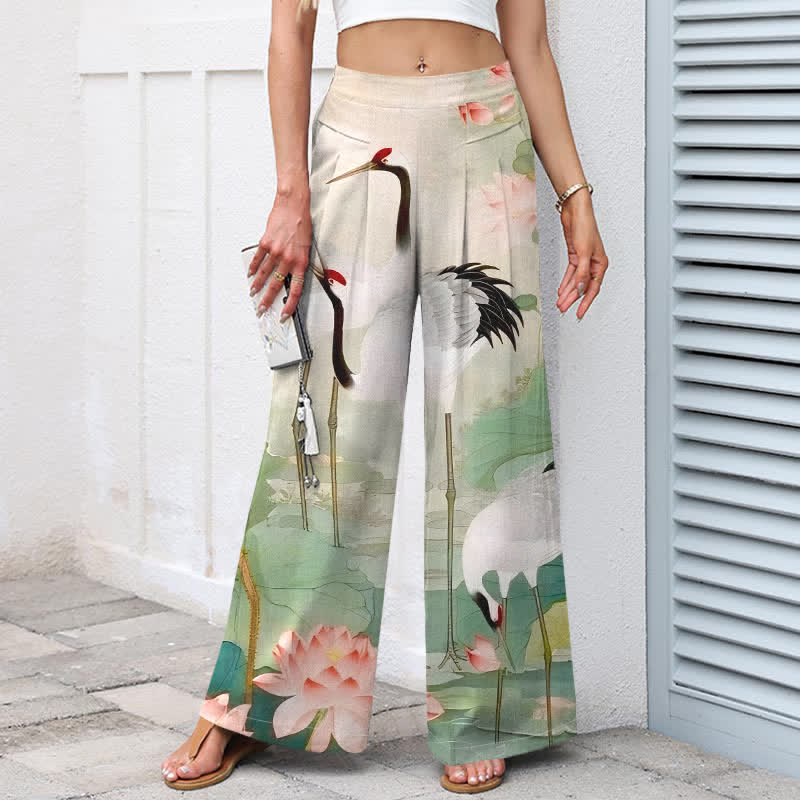 Buddha Stones Pantaloni da donna in cotone e lino con motivo gru e loto, vita elasticizzata e gamba larga, con tasche. - image 1