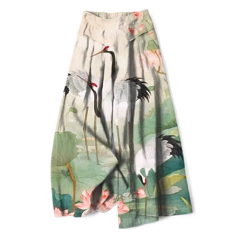 Buddha Stones Pantaloni da donna in cotone e lino con motivo gru e loto, vita elasticizzata e gamba larga, con tasche. - Biancheria - US16, UK/AU20, EU48 (3XL) - image 0