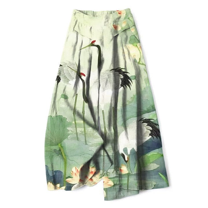 Buddha Stones Pantaloni da donna in cotone e lino con motivo gru e loto, vita elasticizzata e gamba larga, con tasche. - Verde pallido - US16, UK/AU20, EU48 (3XL) - image 4