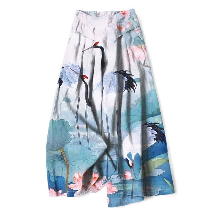 Buddha Stones Pantaloni da donna in cotone e lino con motivo gru e loto, vita elasticizzata e gamba larga, con tasche. - Ciano chiaro - US16, UK/AU20, EU48 (3XL) - image 6